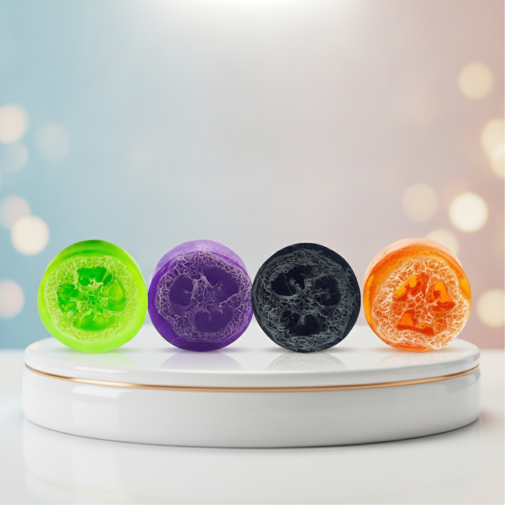 4 Loofah Soaps Gift Set displayed on a white pedestal against a soft blue background with bokeh lights.