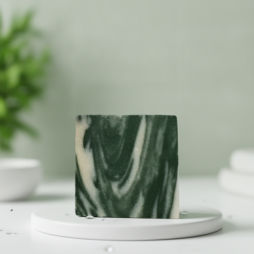 Cucumber Melon Soap Bar displayed on a white tray with water droplets and a soft green bathroom background.