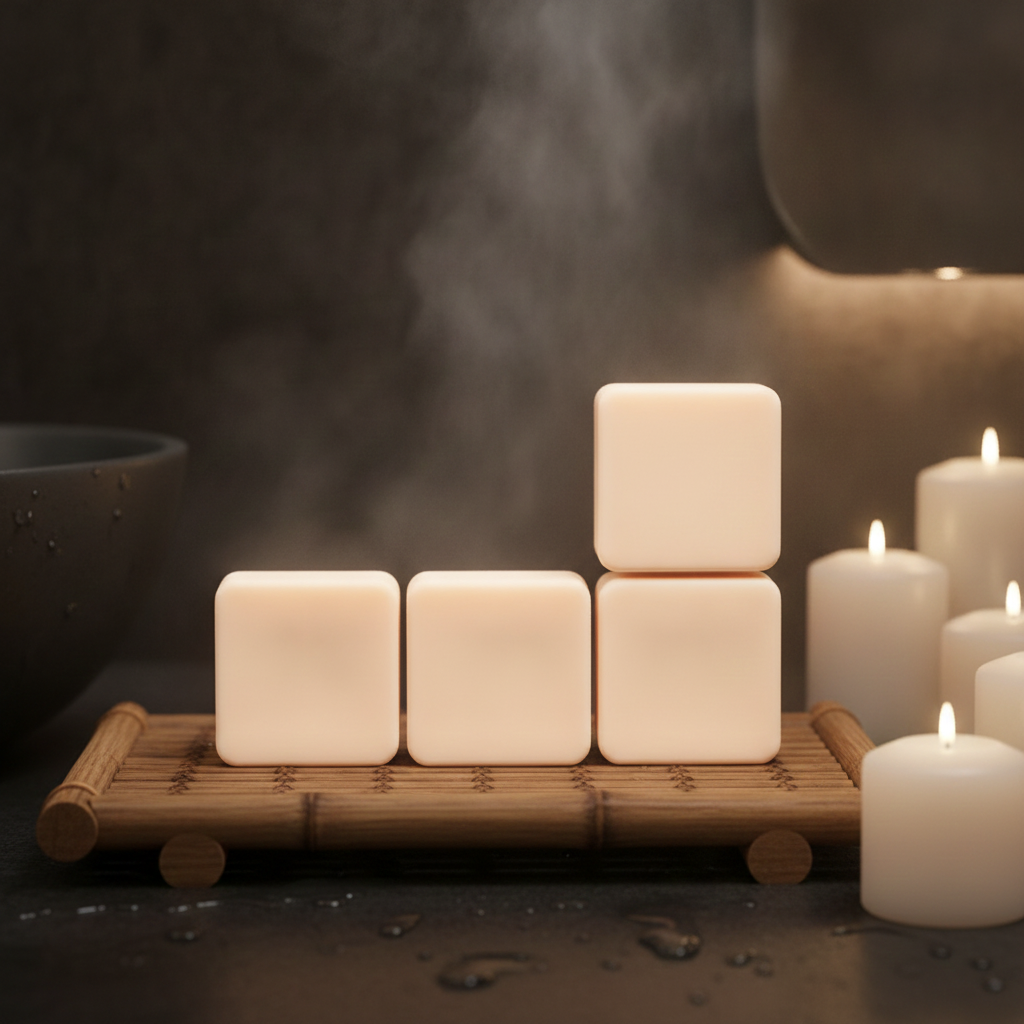 Nag Champa Shower Steamers stacked on a wooden tray with candles and steam in a warm spa setting.