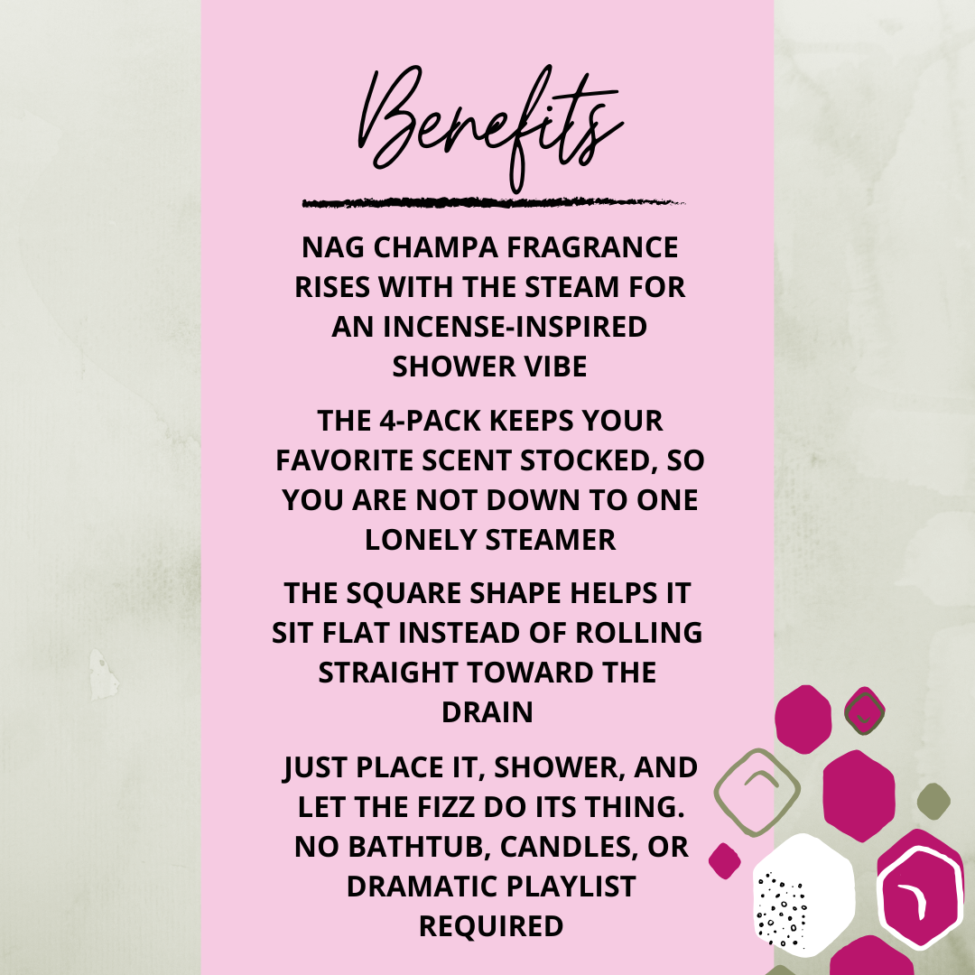 Benefits graphic for 4 Pack Large Nag Champa Shower Steamers highlighting incense-inspired scent, 4-pack value, square shape, and easy shower use.