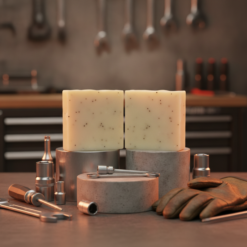 Mechanic’s Soap Bars displayed on a garage workbench with gloves, sockets, wrenches, and hanging tools.
