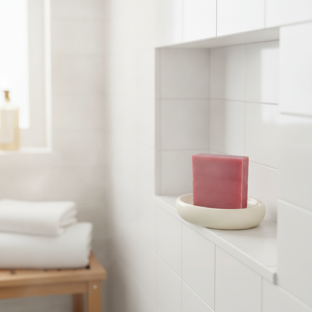 Baby Powder Soap Bar on a small dish in a bright white bathroom with folded towels nearby.