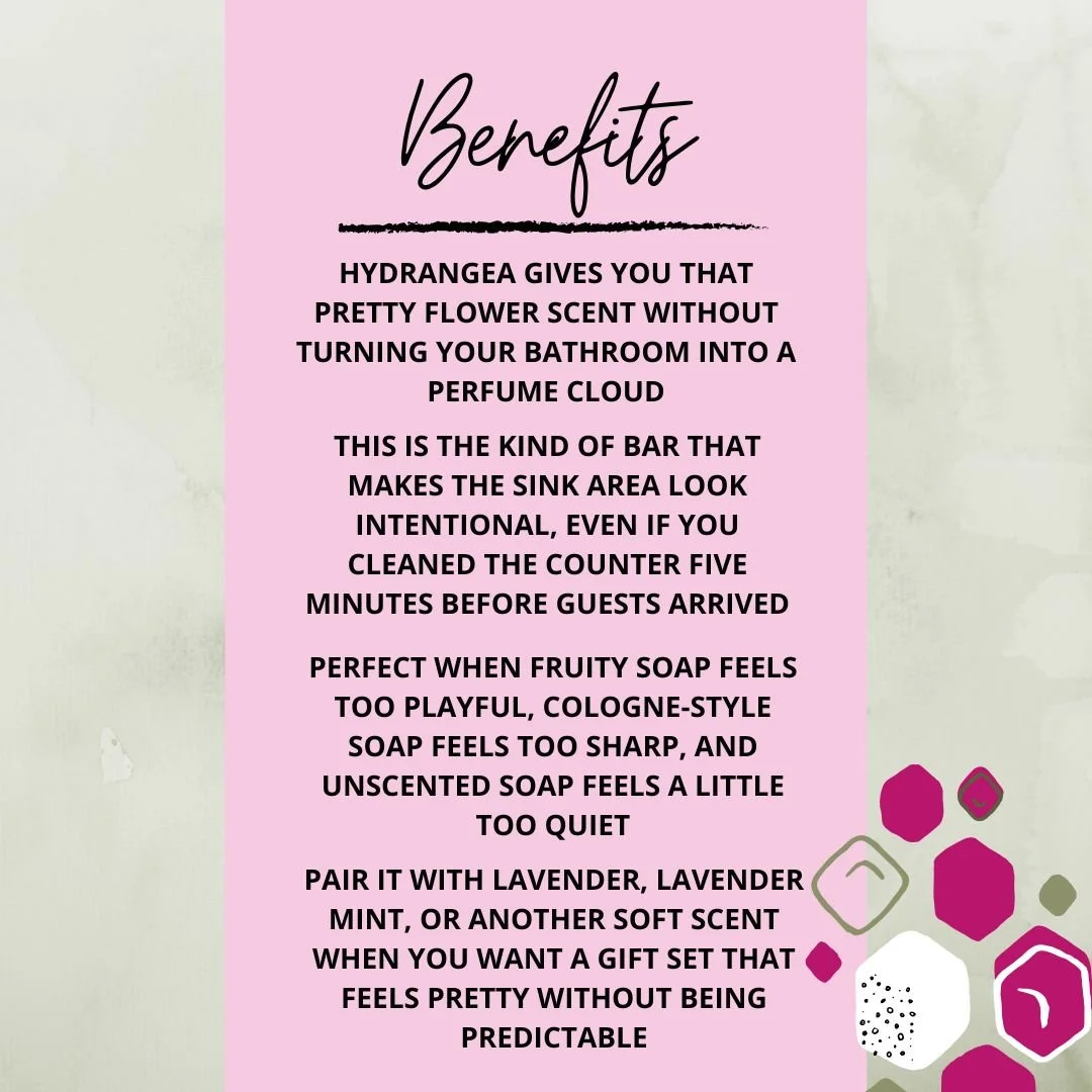 Benefits graphic for Hydrangea Soap Bar highlighting its soft floral scent, guest bathroom charm, and gift-friendly appeal.