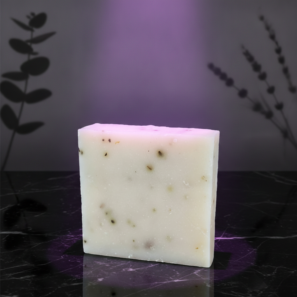 Eucalyptus Lavender Goat’s Milk Soap Bar on a dark marble surface with purple lighting and herbal accents.