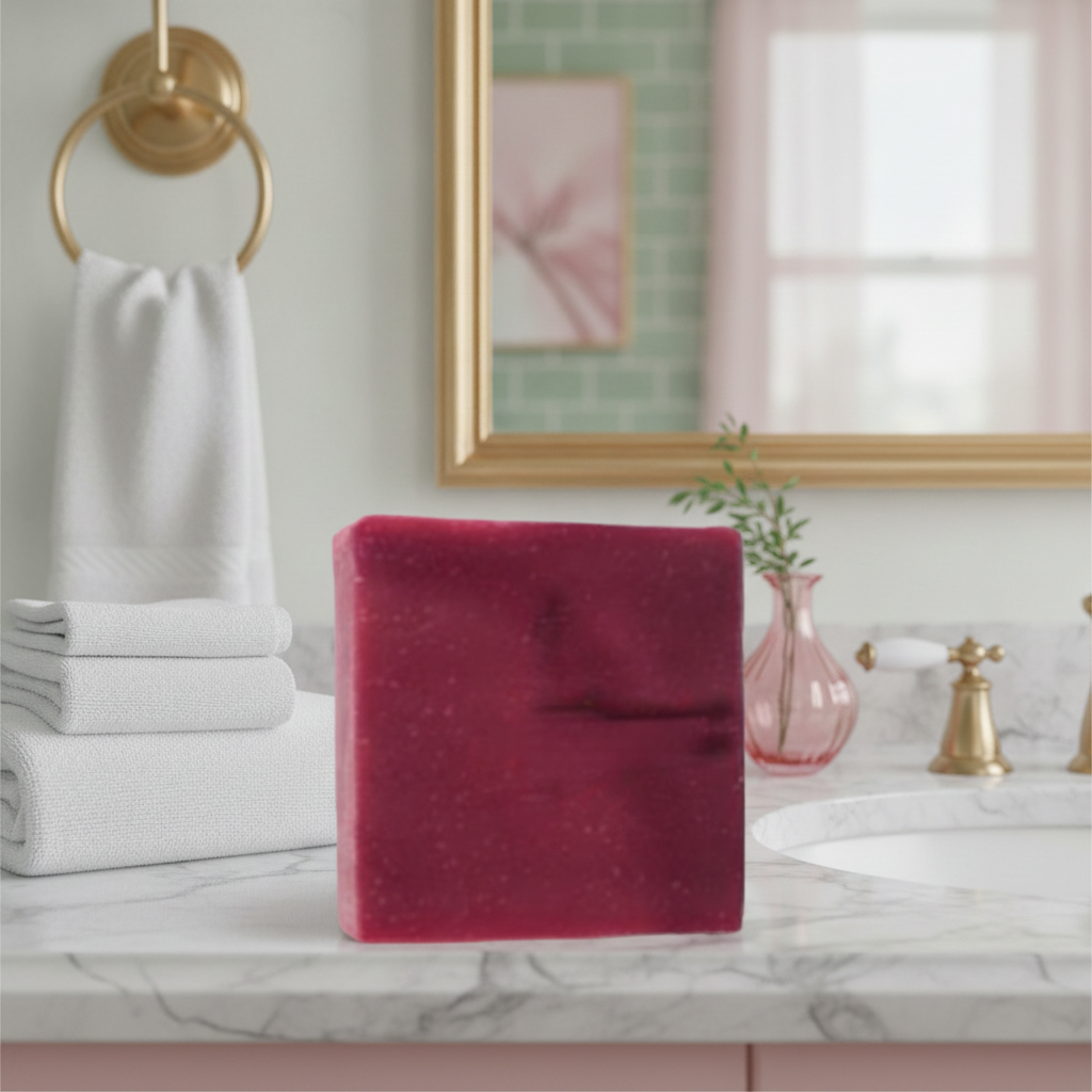 Raspberry Mint Soap Bar on a marble bathroom counter beside towels, a mirror, and sink fixtures.