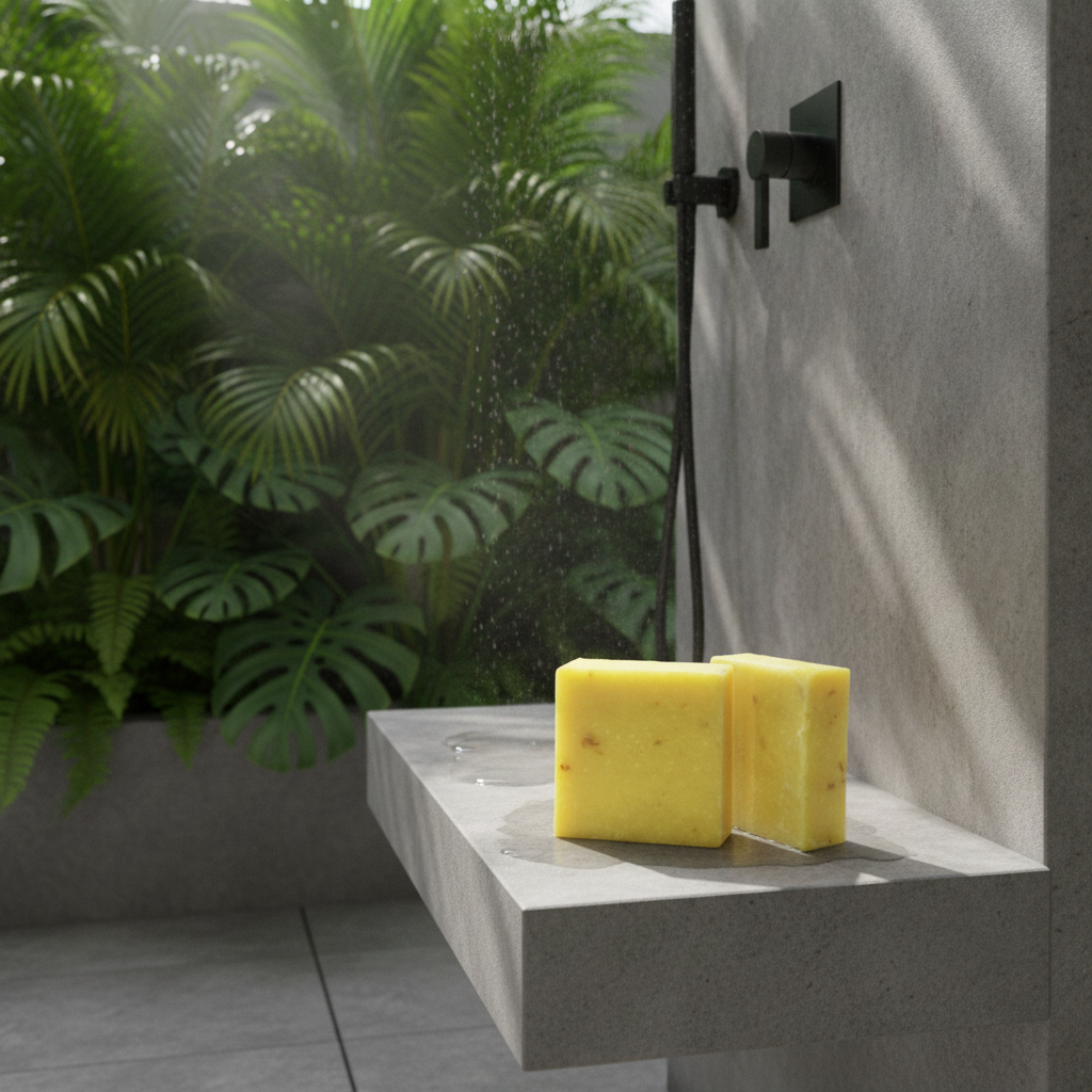 Island Citrus for Men Scrub Soap Bars on a concrete shower ledge with tropical greenery in the background.