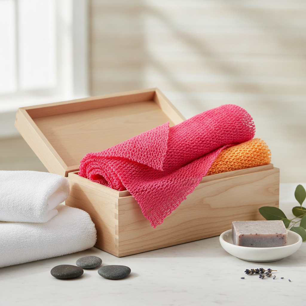 Pink and orange Super Size Sapo Sponges arranged in a wooden bath gift box with towels and soap