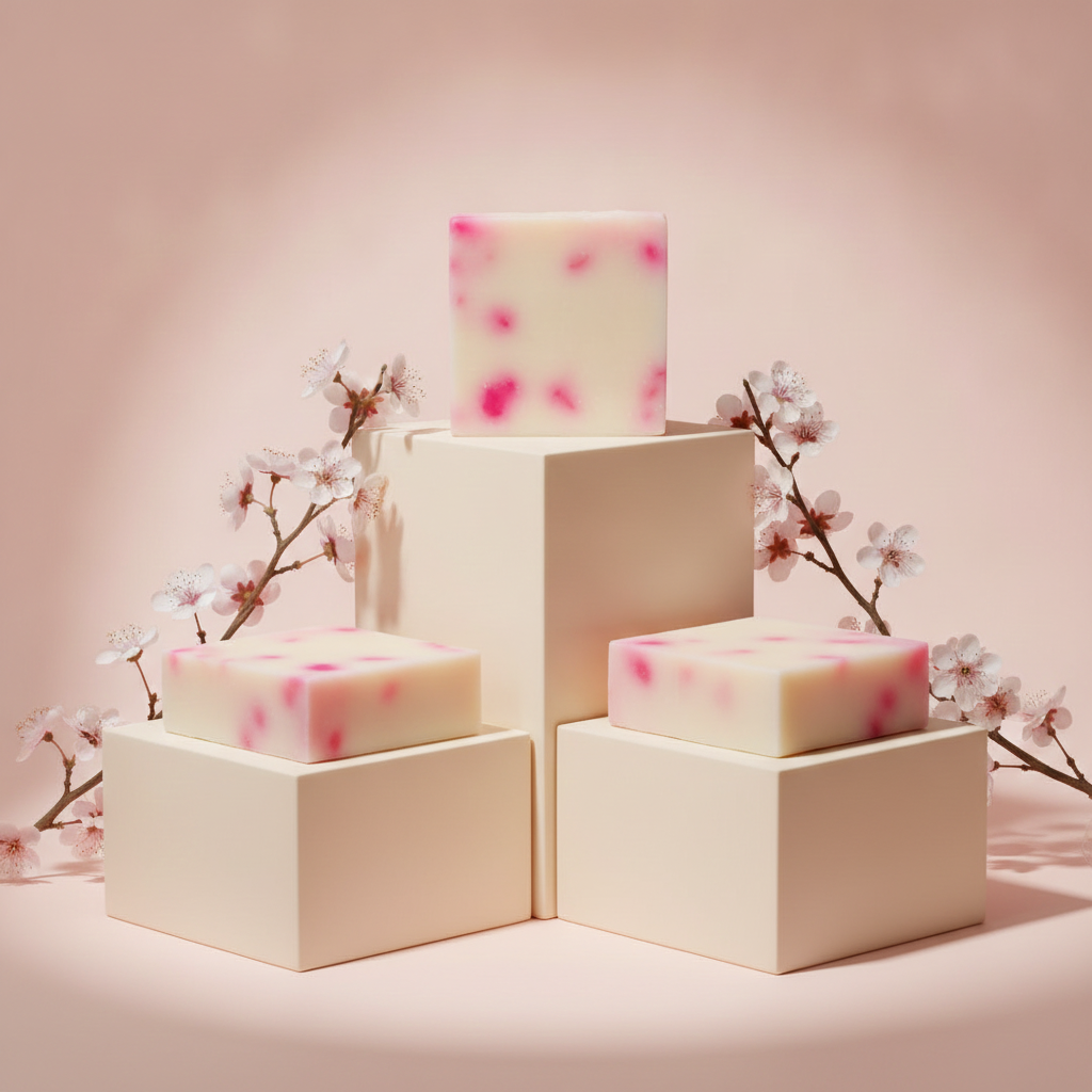 Asian Tea Blossom Soap Bars displayed on cream pedestals with soft pink blossom branches.