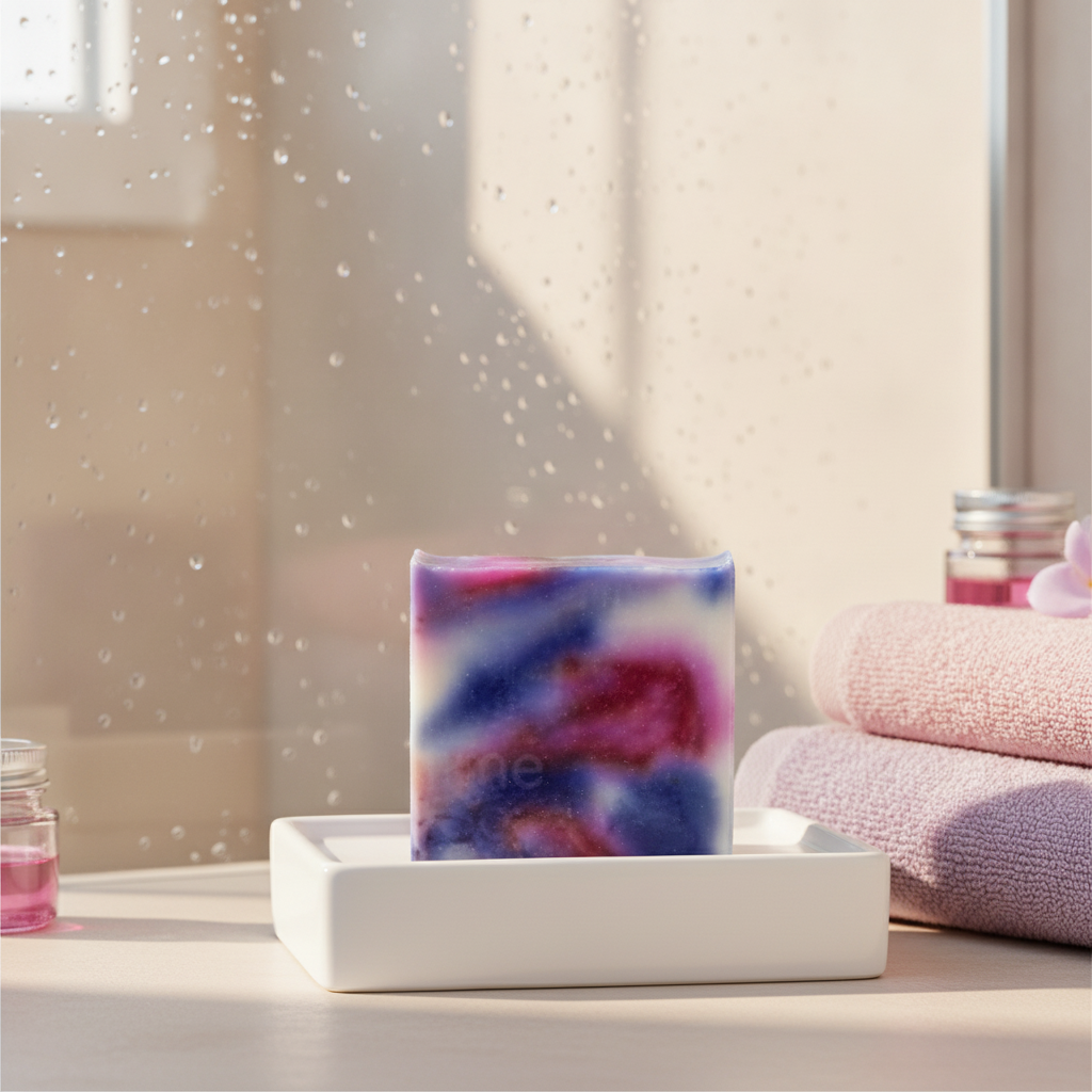 Wild Passion Soap Bar on a white tray beside pink towels, a perfume bottle, and soft bathroom lighting.