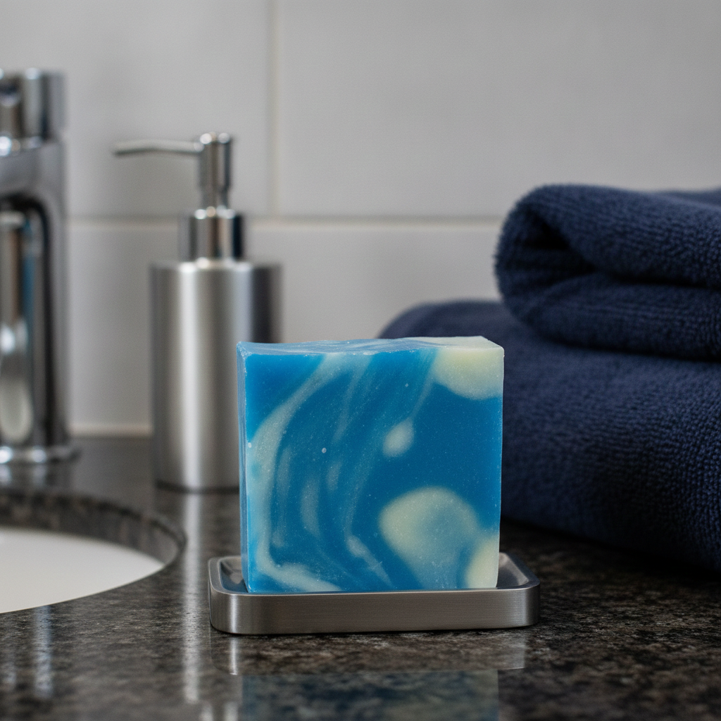 Cool Water Soap Bar in a metal soap dish beside navy towels and bathroom sink accessories.