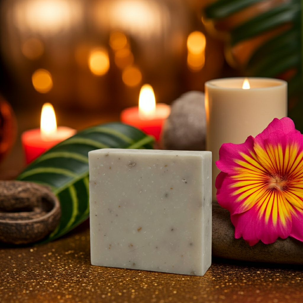 Warm candlelit product photo of Noite de Carnaval soap with glowing bokeh and a tropical flower for a festive, inviting atmosphere.