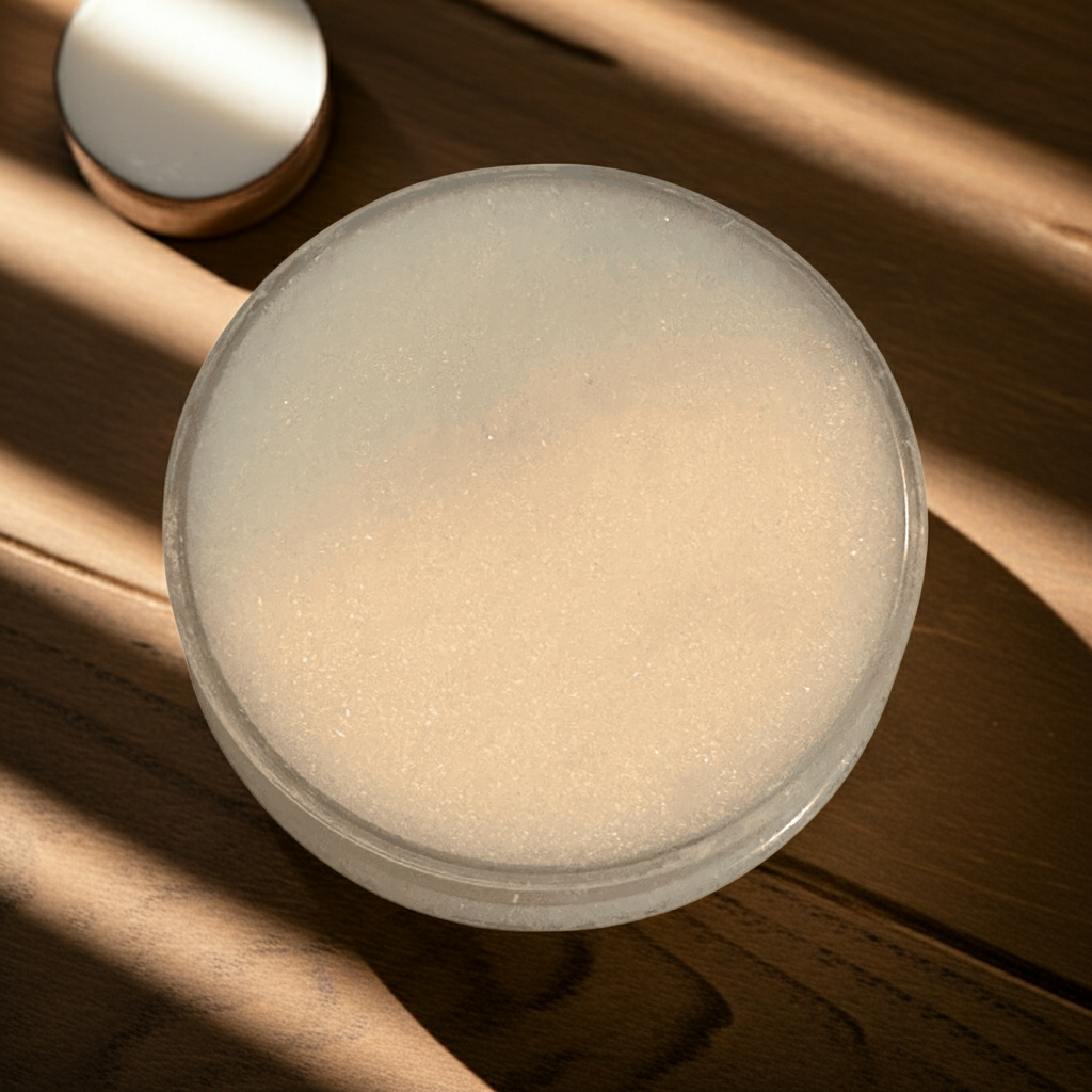 Top view of Mama Aswan’s Unscented Sugar Exfoliating Scrub jar with soft natural sunlight casting shadows.