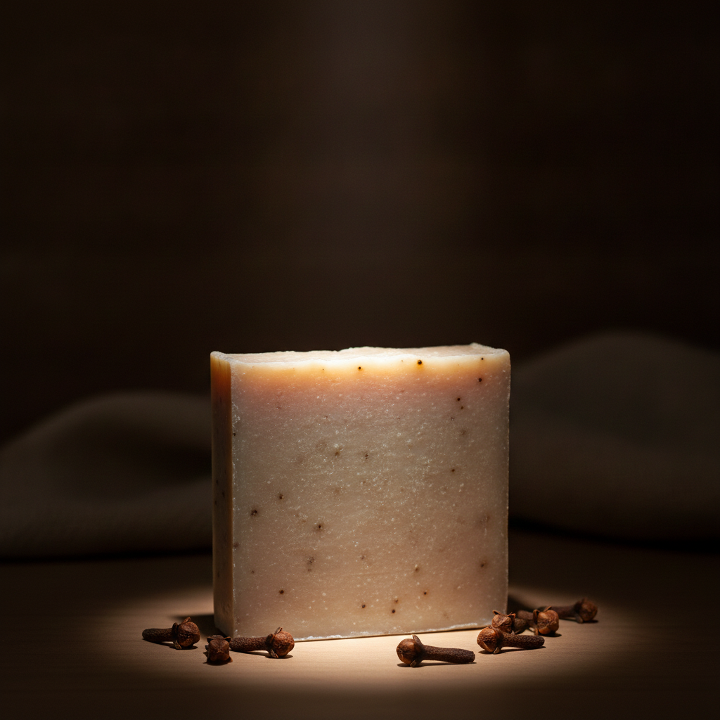 Oatmeal Spice Soap Bar surrounded by ground cloves on a dark warm background.