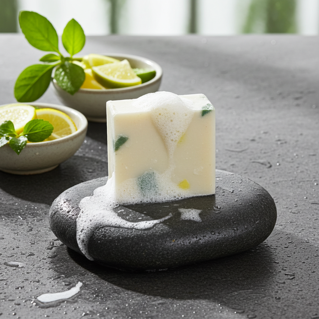 Mercado Verde soap bar with creamy lather beside citrus slices and green leaves on black spa stones