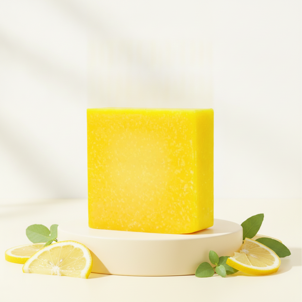 Lemon Zest Soap Bar on a white pedestal with lemon slices, green leaves, and soft bright lighting.