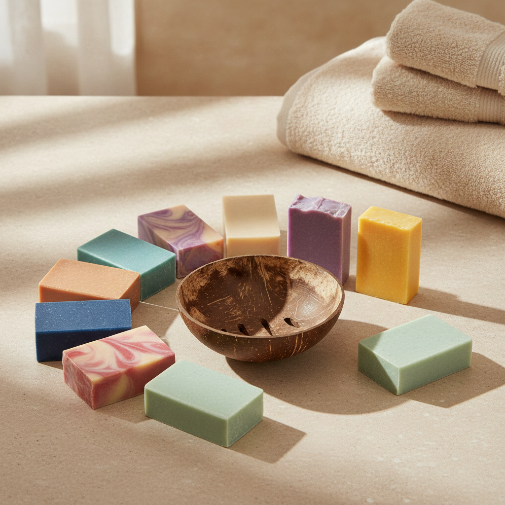 Handmade mini soap samples arranged around a coconut shell soap dish with folded towels