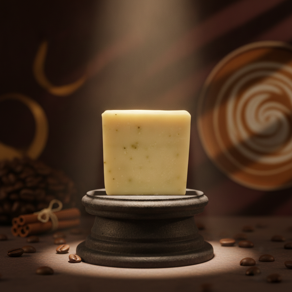 Cinnamon Latte Soap Bar on a dark pedestal with coffee beans, cinnamon sticks, and warm coffee-themed lighting.