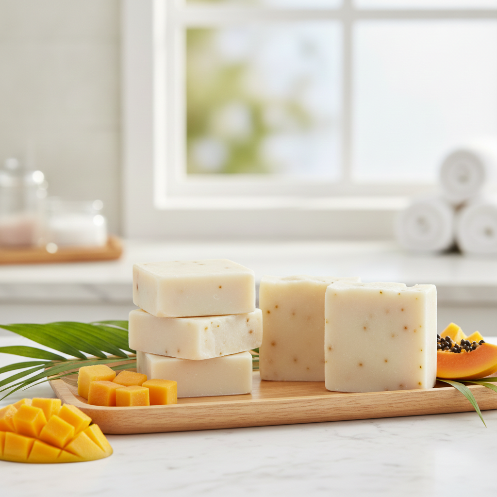 Mango Papaya Soap Bars on a wooden tray with mango cubes, papaya, and tropical leaves.