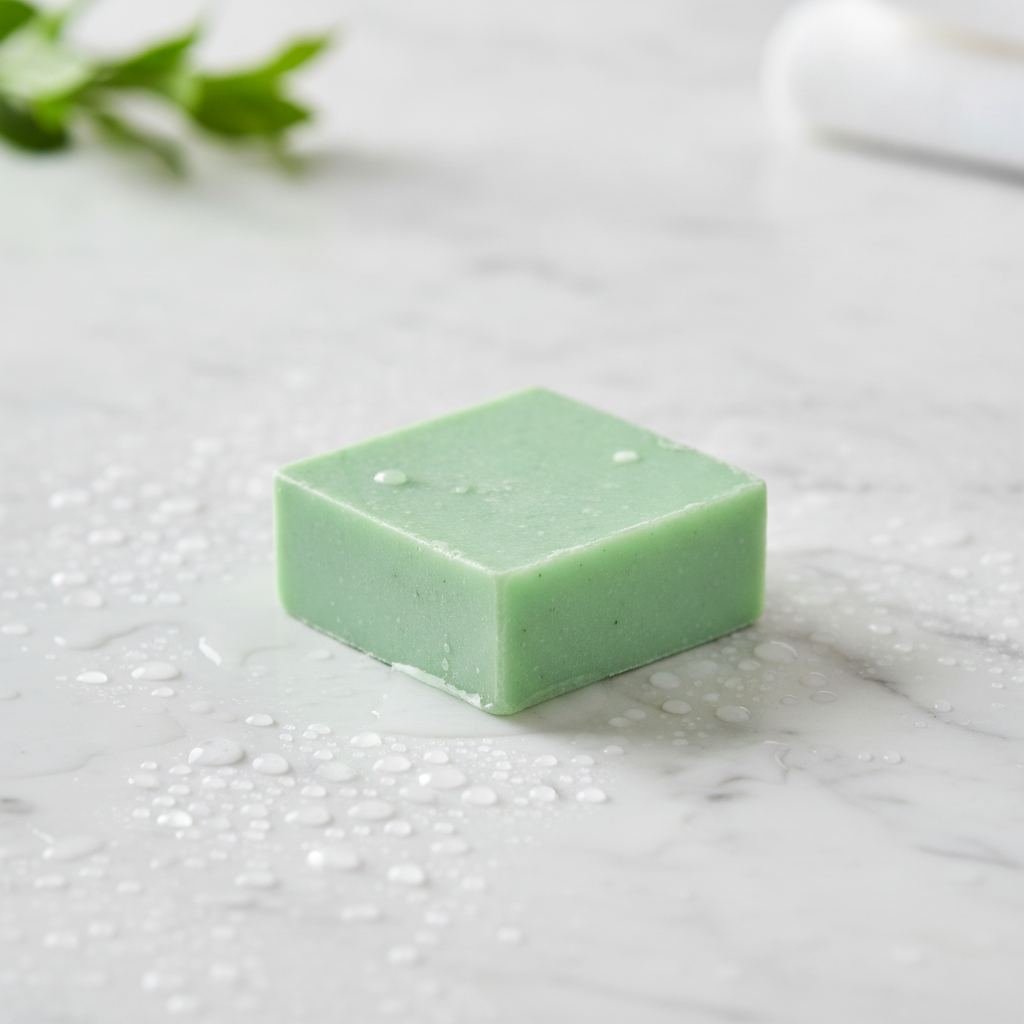 Apple Cider Vinegar Soap Bar on a wet marble surface with water droplets.