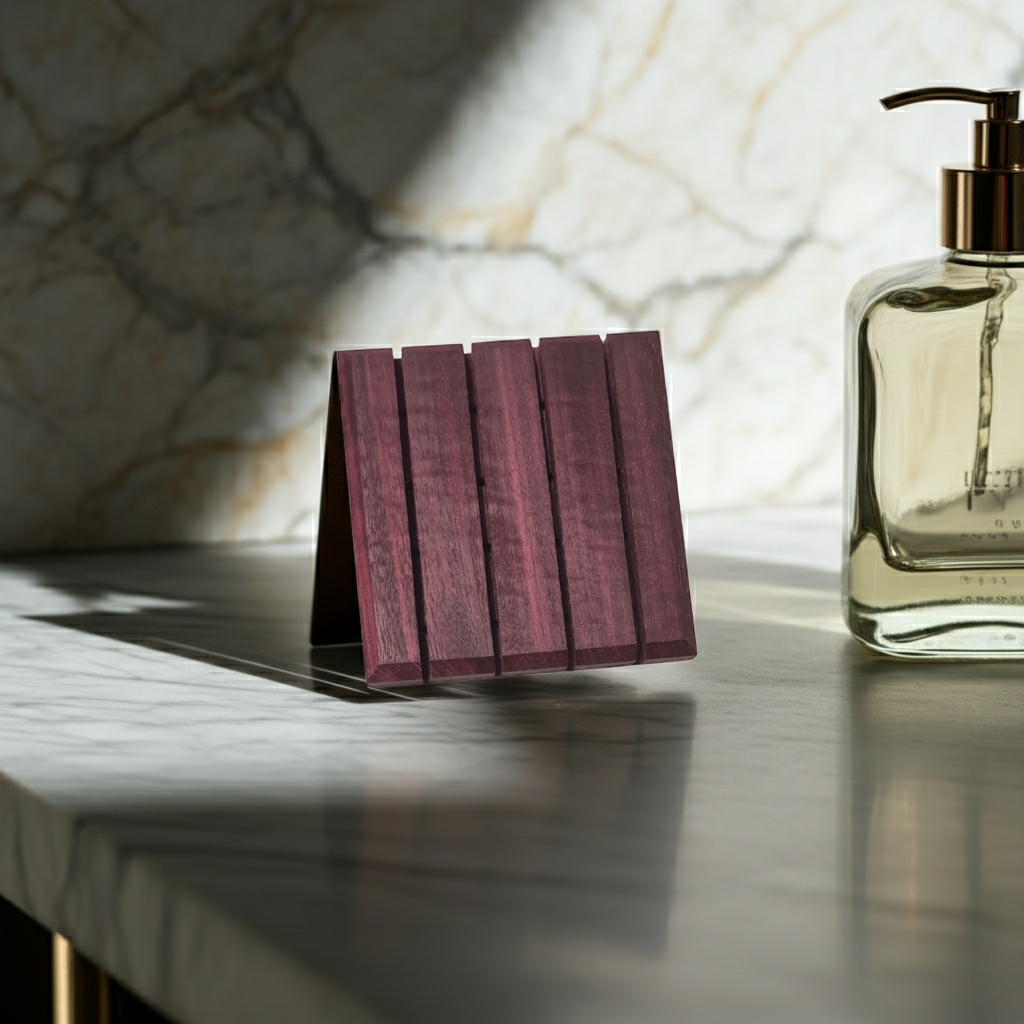 Purple Heart wood soap dish on a marble vanity next to a clear soap dispenser in warm light.