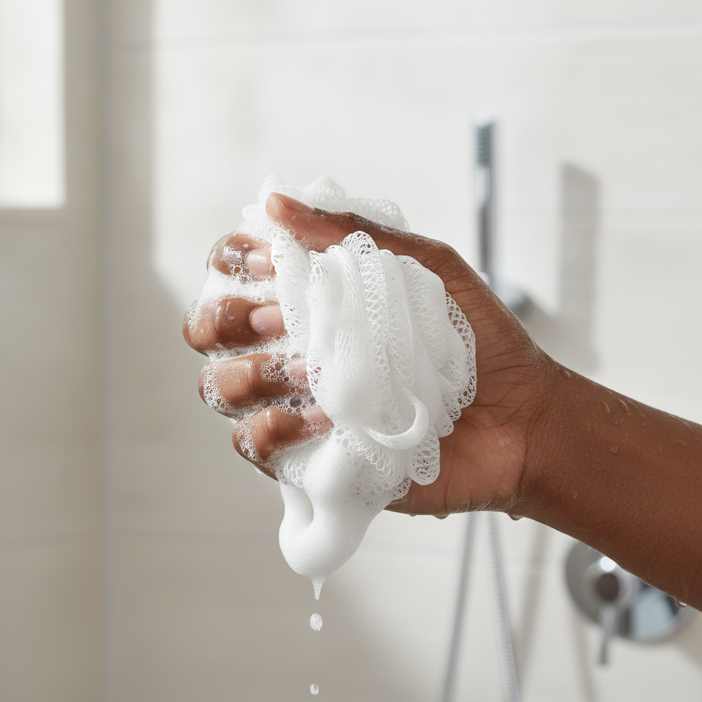 Adult hand squeezing a lathered White Sapo Sponge in a bright shower.