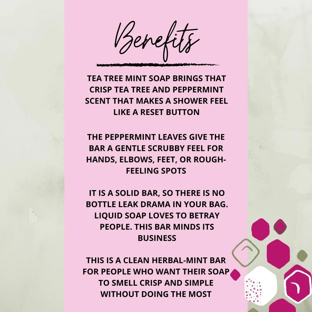 Benefits graphic for Tea Tree Mint Soap Bar highlighting its crisp tea tree and peppermint scent, light scrubby texture, travel-friendly bar style, and fresh herbal mint appeal.