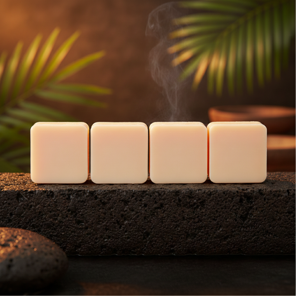 Four Nag Champa Shower Steamers lined up on a dark stone surface with tropical leaves and steam.