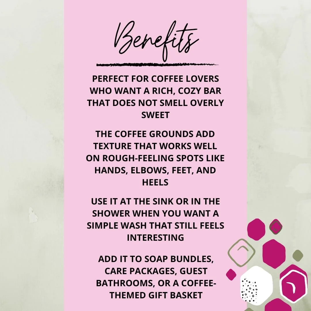 Benefits graphic for Strong Coffee Soap Bar highlighting rich coffee scent, coffee grounds texture, simple washing, and coffee-themed gifting.