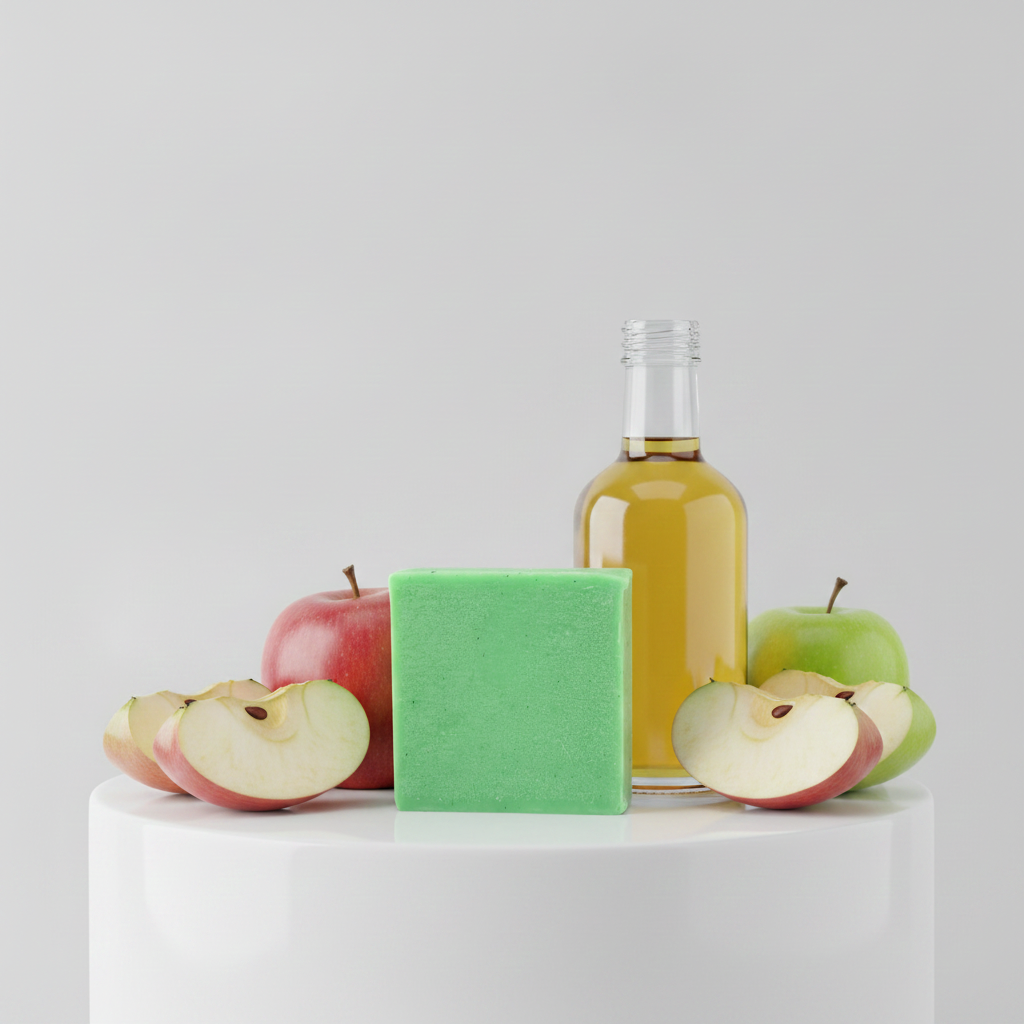 Apple Cider Vinegar Soap Bar displayed with green apples, sliced apples, and apple cider vinegar on a white pedestal.