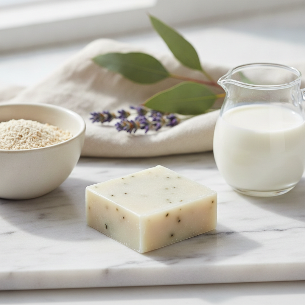 Eucalyptus Lavender Goat’s Milk Soap Bar on a marble surface with a bowl of oatmeal, lavender, eucalyptus leaves, and a small pitcher of milk.