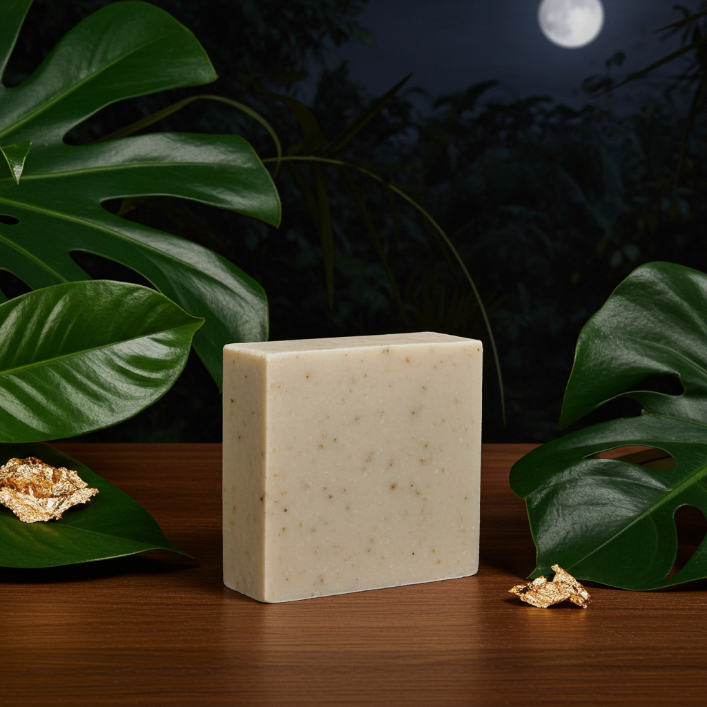 Moody nighttime product scene featuring Noite de Carnaval soap with tropical leaves and moonlight to reflect an evening carnival mood.