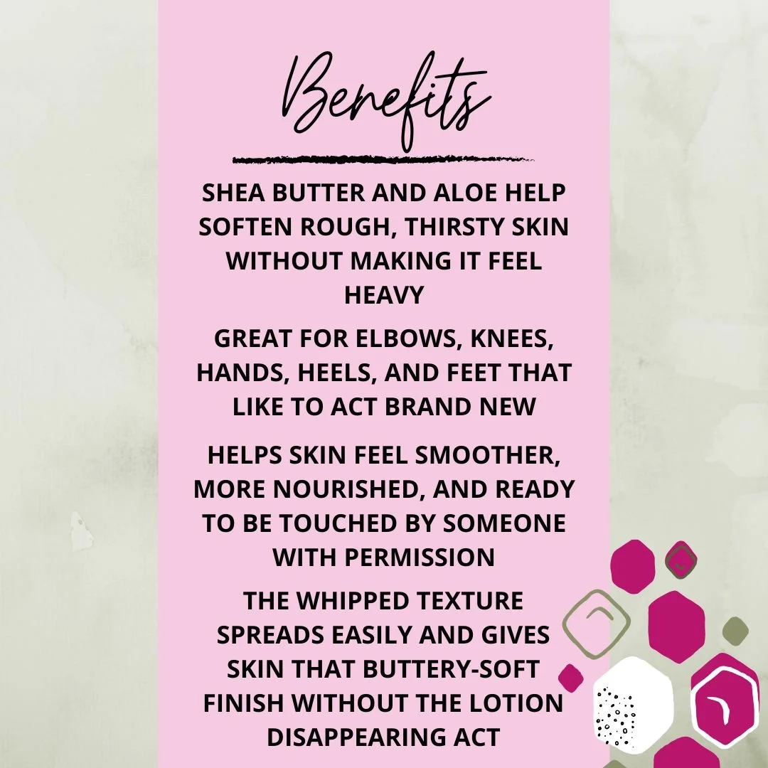Benefits graphic for Creamy Whipped Shealoe Butter highlighting shea butter, aloe, soft skin, and a whipped texture.
