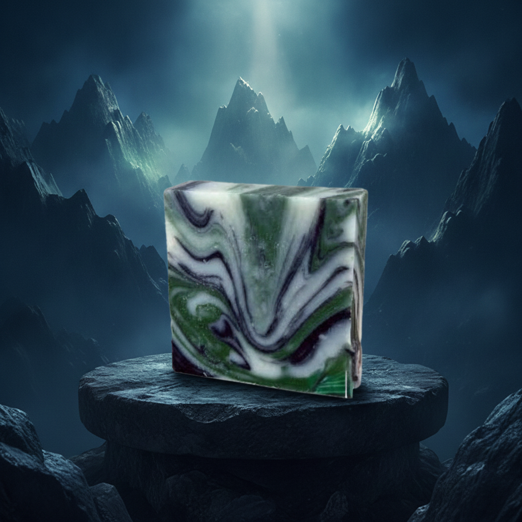 Mountain Air Soap Bar on a dark stone pedestal with dramatic mountain scenery in the background.