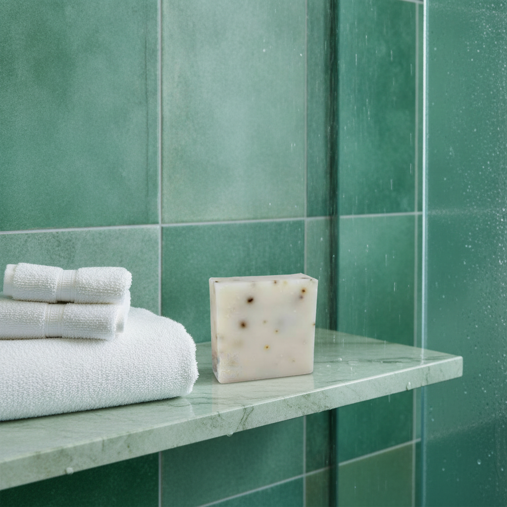 Peppermint Soap Bar on a green marble shower shelf beside folded white towels.