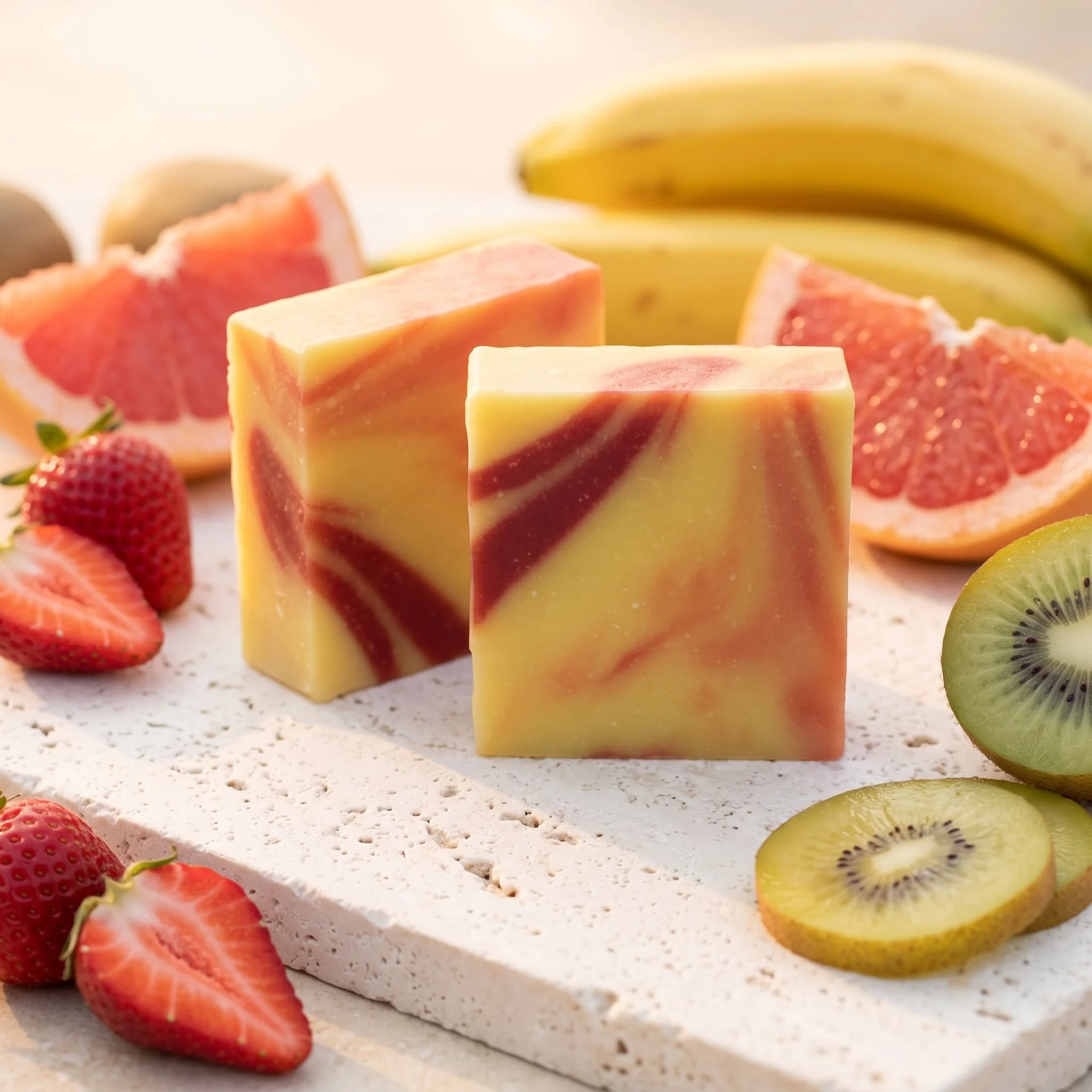 Monkey Farts Soap Bars displayed with banana, grapefruit, strawberries, and kiwi slices on a white stone surface.