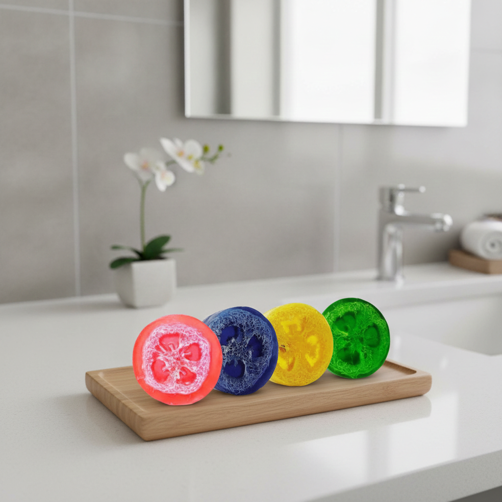 Four colorful Loofah Soap Bars displayed on a wooden tray in a bright bathroom.