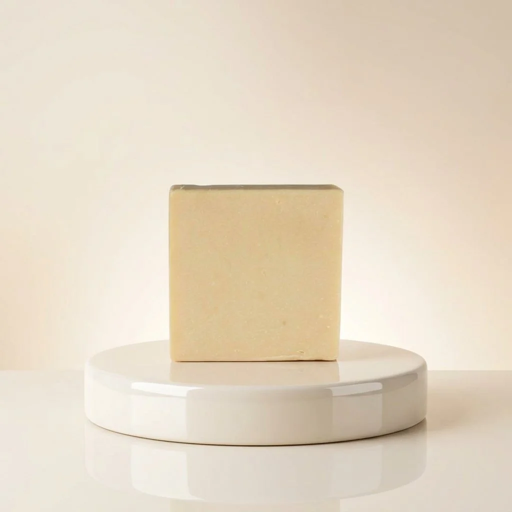 Almond Coconut Soap Bar displayed on a white pedestal with warm cream lighting.