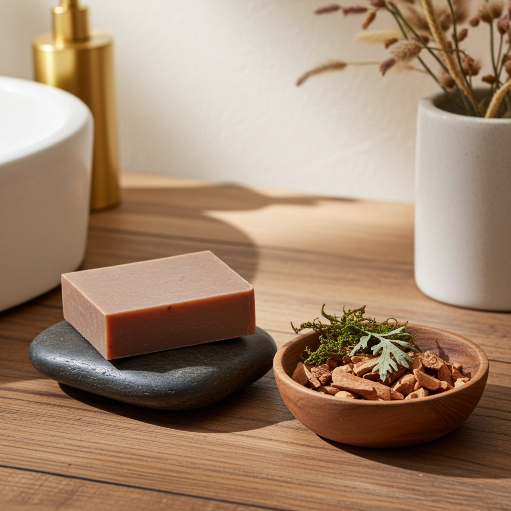 Osei Gold soap bar styled on a black stone dish with dried botanicals in a warm natural bathroom setting