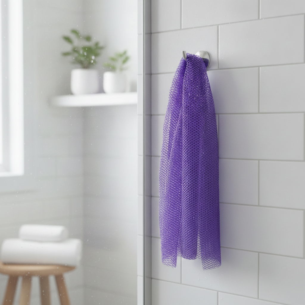 Purple African exfoliating net sponge hanging to dry on a tiled shower wall