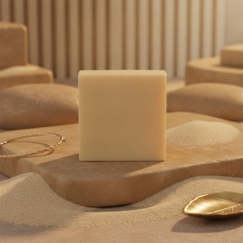 Egyptian Musk Soap Bar displayed on a neutral stone pedestal with sand, gold accents, and warm spa styling.