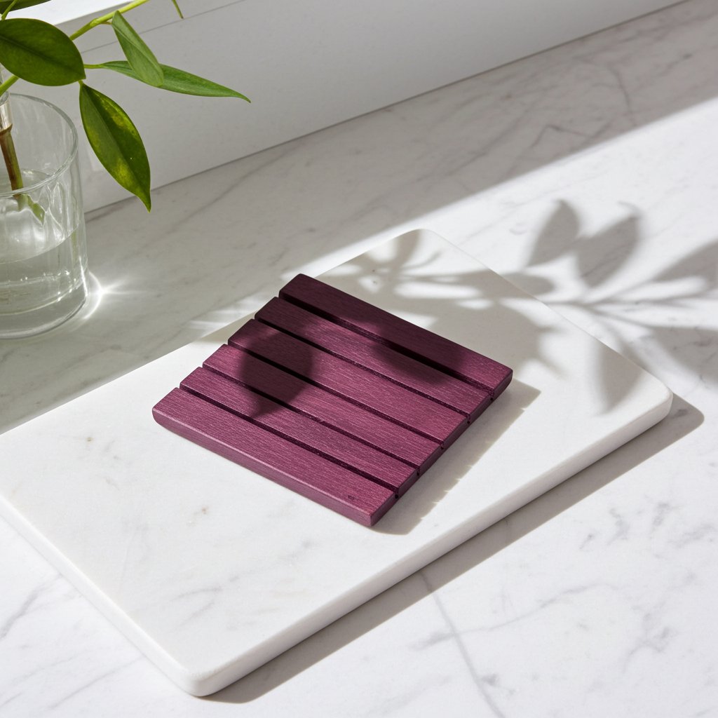 Square Edge Purple Heart wood soap dish on a white marble board with plant shadows and a glass vase nearby.
