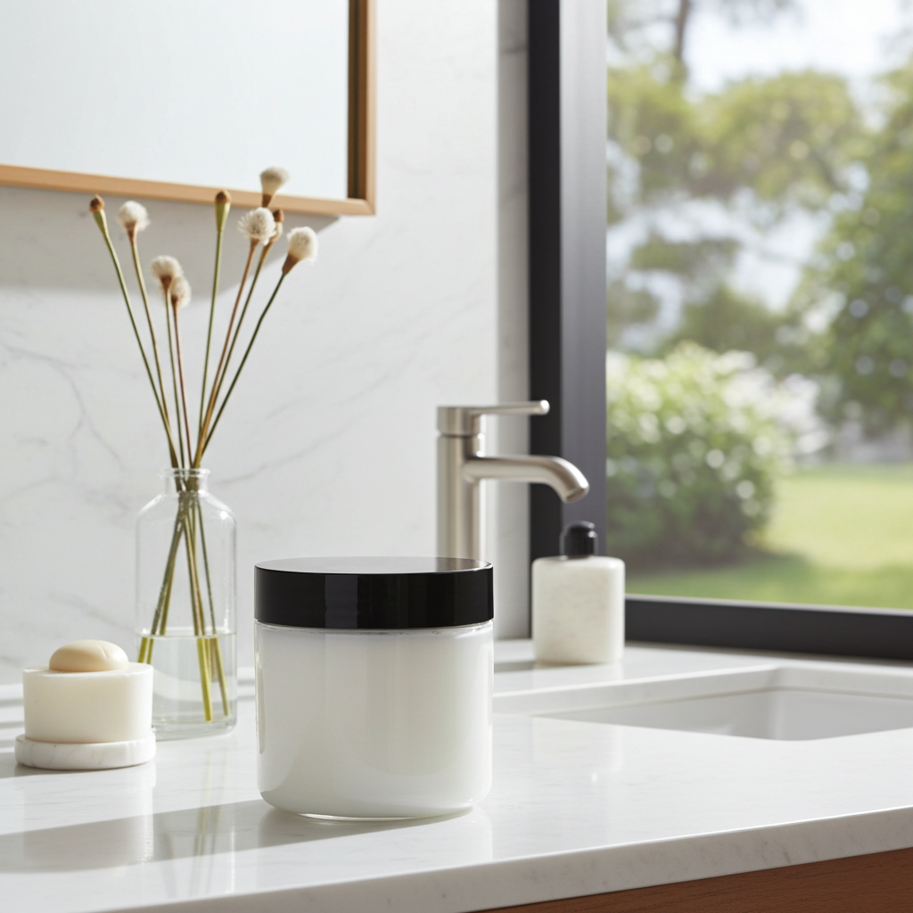 A bright lifestyle image of The White Line by Mama Aswan Unscented Raw Sugar Scrub 16oz styled on a bathroom counter near a sink and diffuser for a clean, everyday self-care feel.