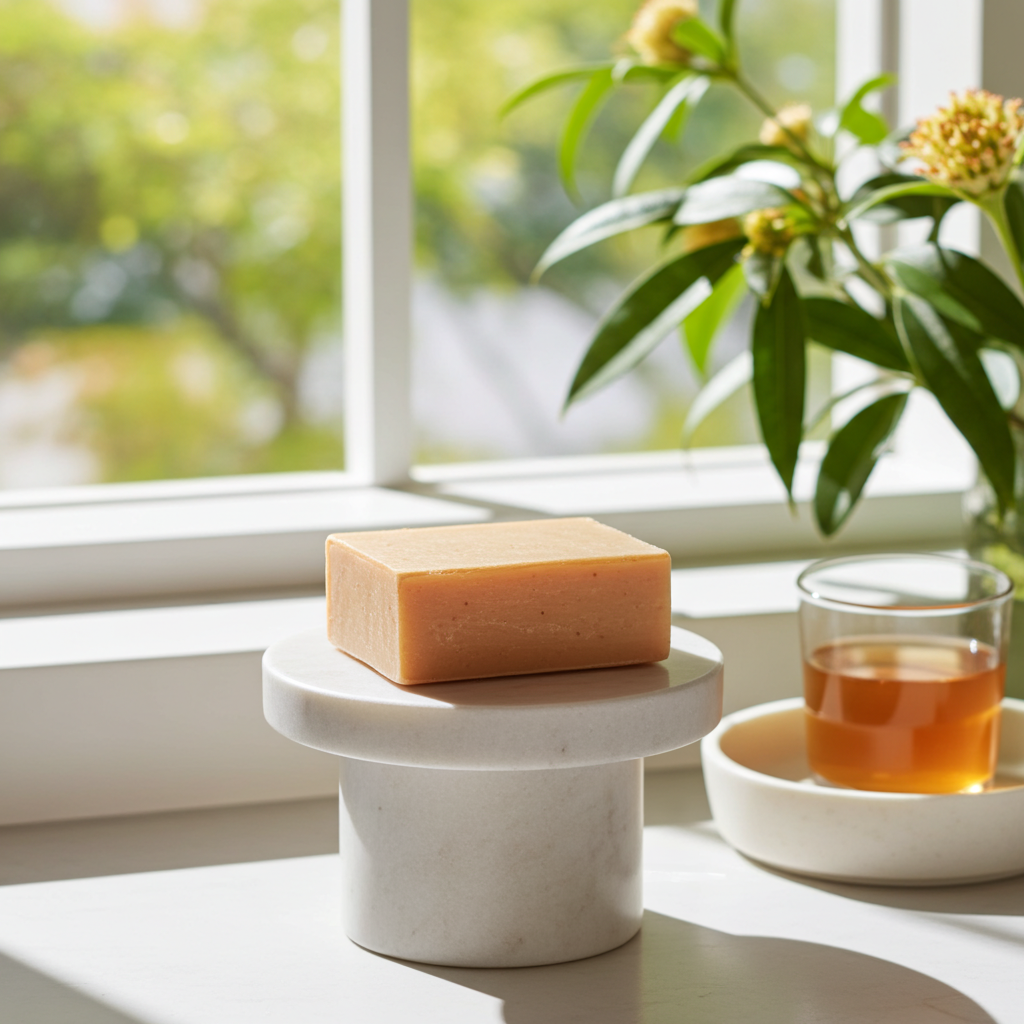 Georgia Girl Glow soap bar on a pedestal by a bright window with sweet tea and soft botanical styling
