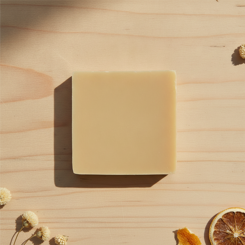 Egyptian Musk Soap Bar on a light wooden surface with dried flowers and citrus accents.