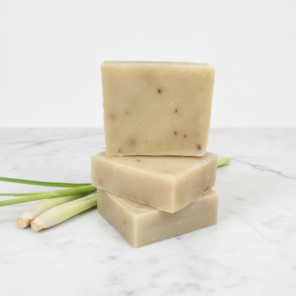 Stacked Lemongrass Soap Bars on a marble surface beside fresh lemongrass stalks.