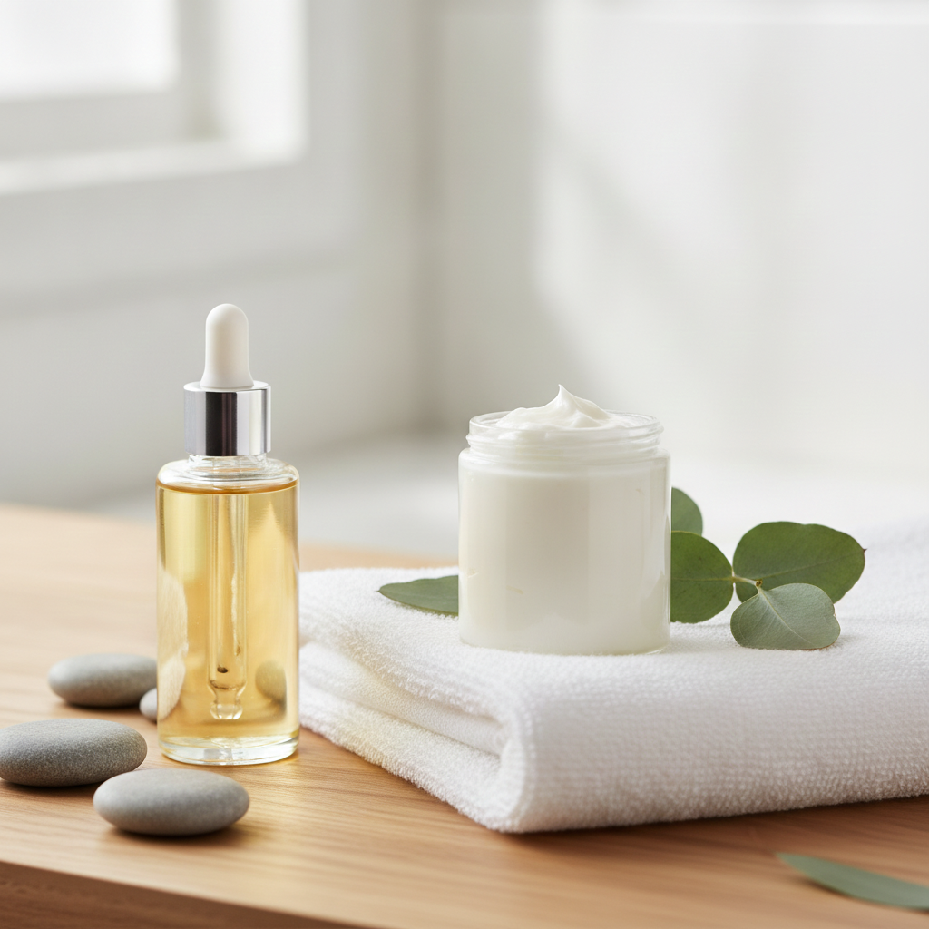 Smooth Body Cream beside body oil, folded white towel, spa stones, and eucalyptus leaves on a light wood surface.