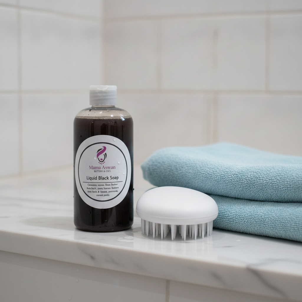 8 oz Liquid African Black Soap beside a scalp brush and folded blue towels in a bright bathroom.