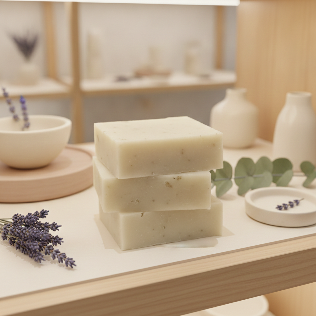 Stacked Eucalyptus Lavender Goat’s Milk Soap Bars on a bathroom counter with lavender, eucalyptus, and spa-style accents.