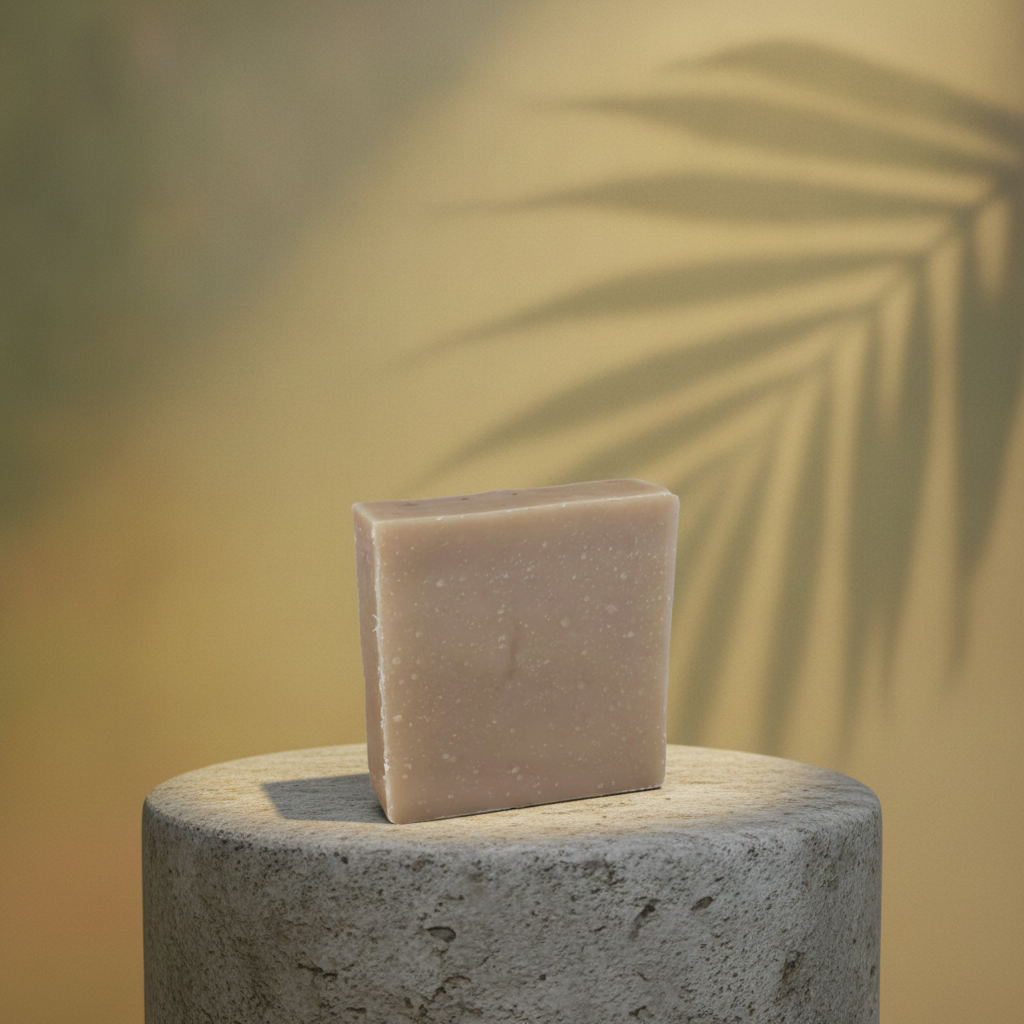 Lemon Coconut Soap Bar on a stone pedestal with warm palm leaf shadows in the background.