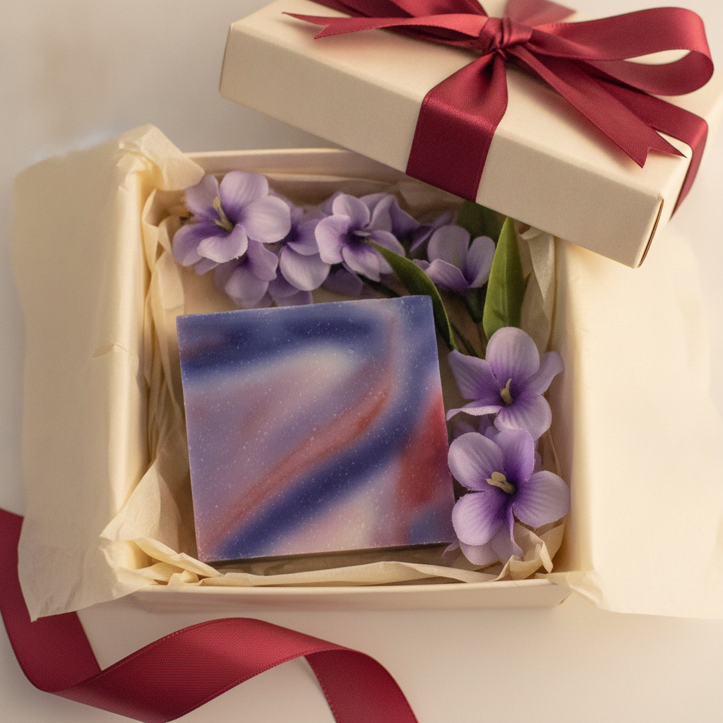 Wild Passion Soap Bar in a cream gift box with purple flowers and burgundy ribbon.